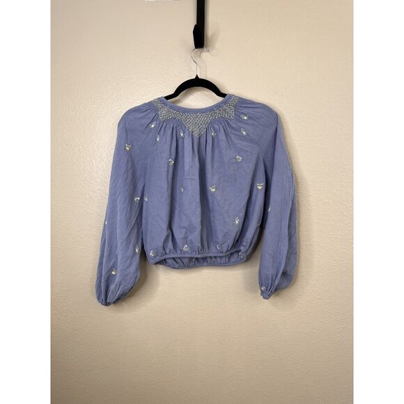 American Eagle Womens Blue Embroidered Crop Blouse Size S Bohemian Cotton - Picture 1 of 7